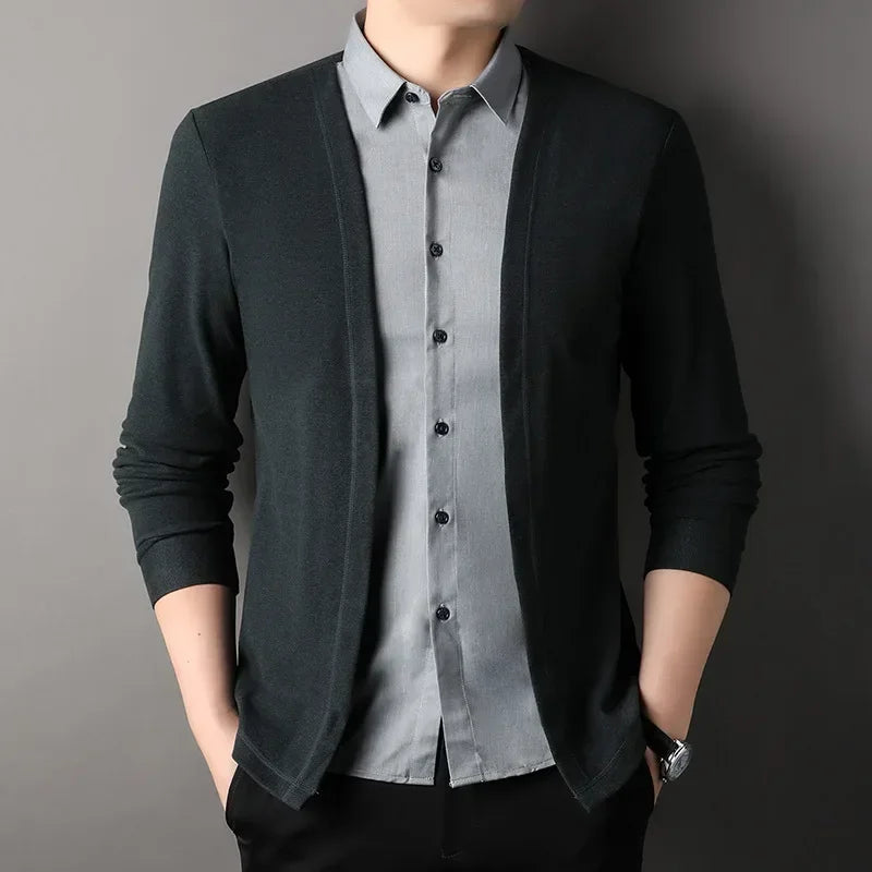 Men's Fake Two Piece Shirt Collar Knitted Cardigan Long Sleeve Shirt Man High Street Fake Two Pieces Button All-match Cardigan
