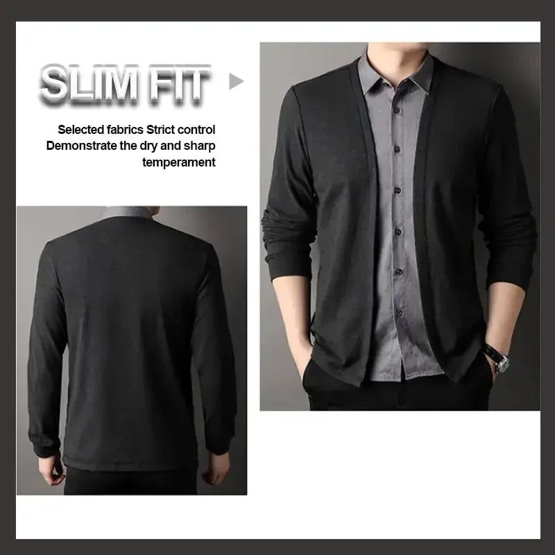 Men's Fake Two Piece Shirt Collar Knitted Cardigan Long Sleeve Shirt Man High Street Fake Two Pieces Button All-match Cardigan