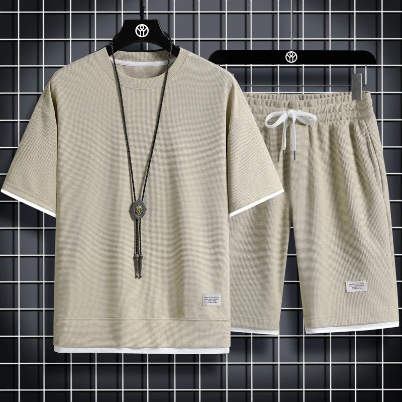 Summer hot new Waffle trend men's casual sports fashion men's short sleeve suit