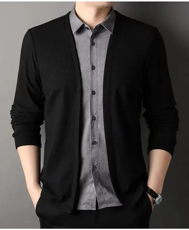 Men's Fake Two Piece Shirt Collar Knitted Cardigan Long Sleeve Shirt Man High Street Fake Two Pieces Button All-match Cardigan