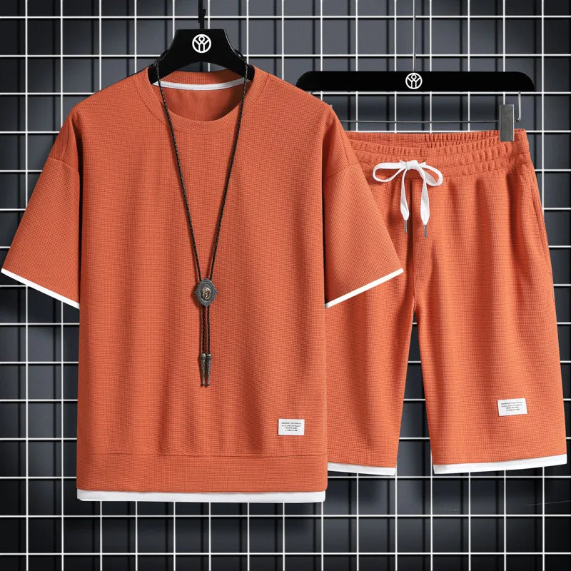 Summer hot new Waffle trend men's casual sports fashion men's short sleeve suit