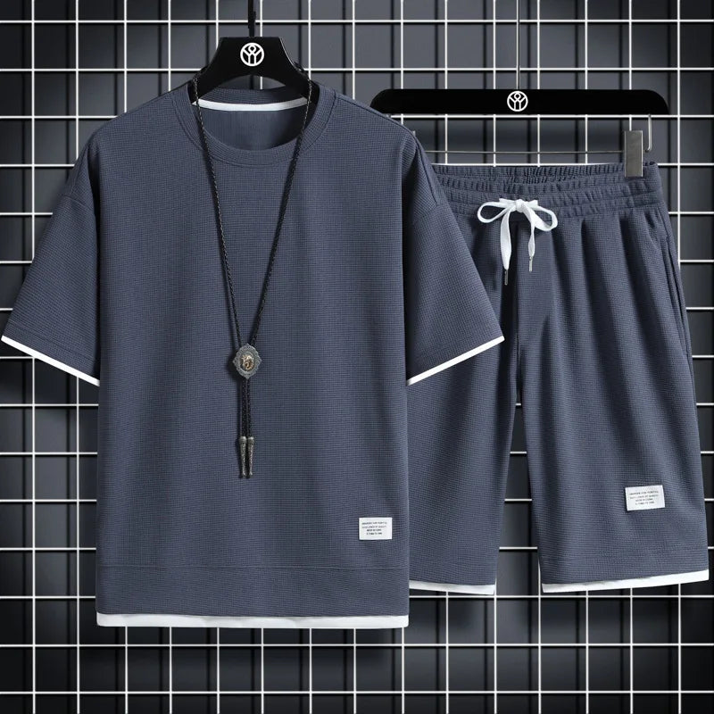 Summer hot new Waffle trend men's casual sports fashion men's short sleeve suit