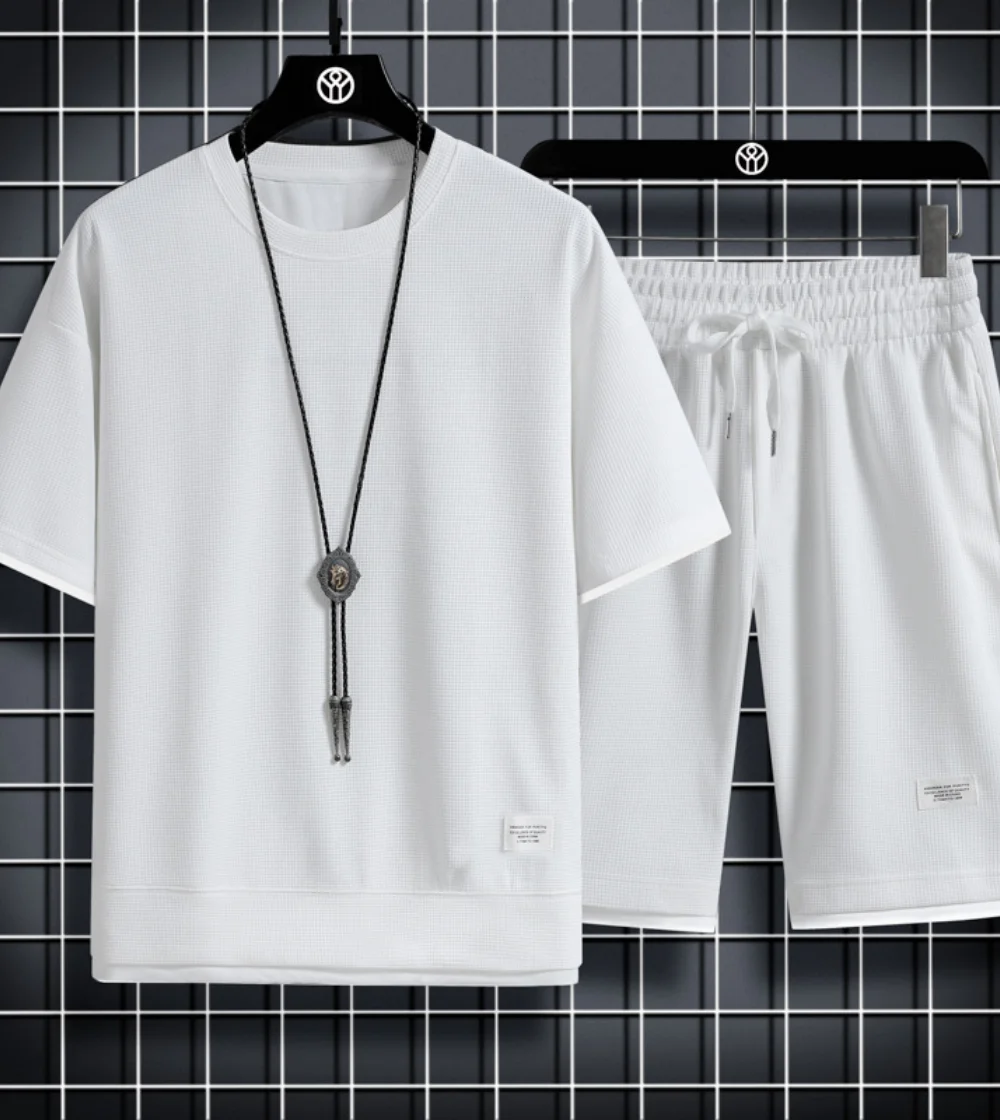 Summer hot new Waffle trend men's casual sports fashion men's short sleeve suit