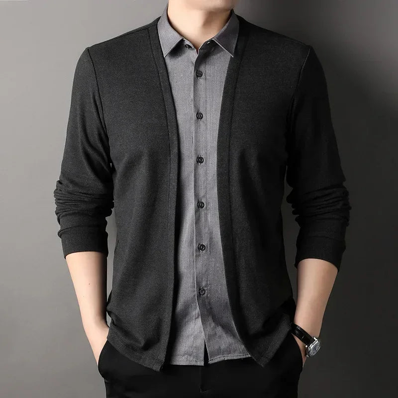Men's Fake Two Piece Shirt Collar Knitted Cardigan Long Sleeve Shirt Man High Street Fake Two Pieces Button All-match Cardigan