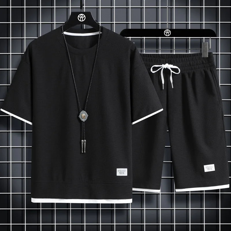 Summer hot new Waffle trend men's casual sports fashion men's short sleeve suit
