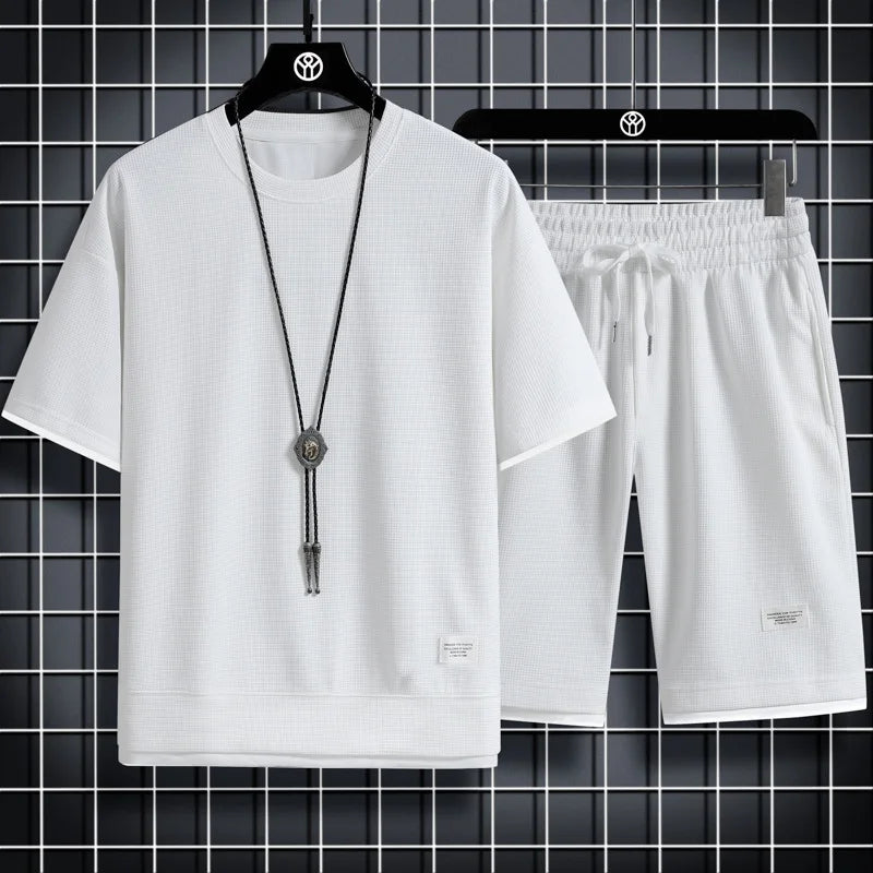 Summer hot new Waffle trend men's casual sports fashion men's short sleeve suit