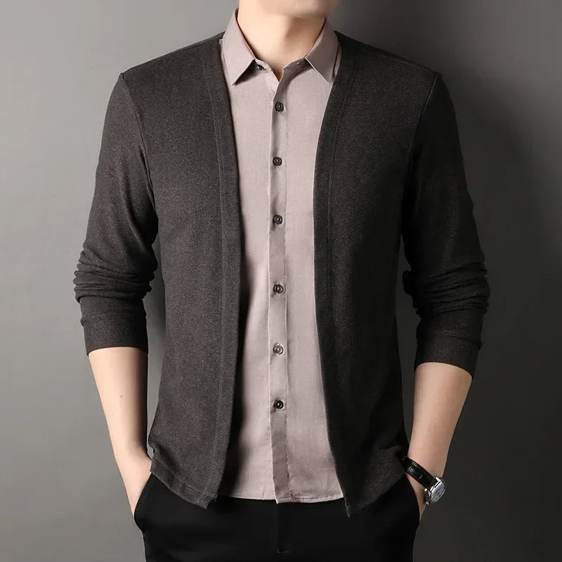 Men's Fake Two Piece Shirt Collar Knitted Cardigan Long Sleeve Shirt Man High Street Fake Two Pieces Button All-match Cardigan