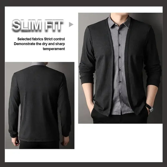 Men's Fake Two Piece Shirt Collar Knitted Cardigan Long Sleeve Shirt Man High Street Fake Two Pieces Button All-match Cardigan