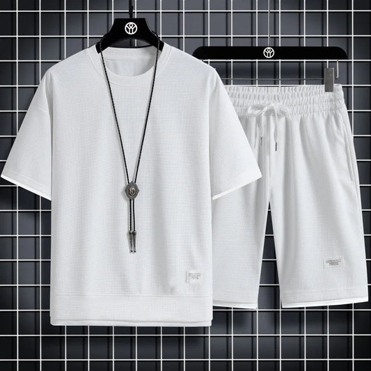 Summer hot new Waffle trend men's casual sports fashion men's short sleeve suit