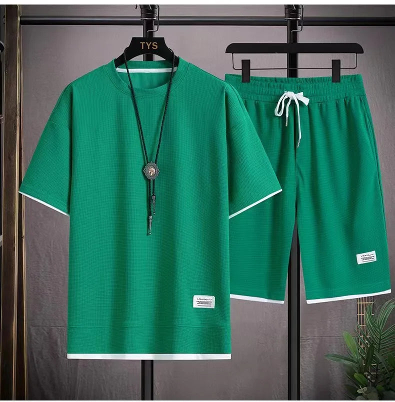 Summer hot new Waffle trend men's casual sports fashion men's short sleeve suit