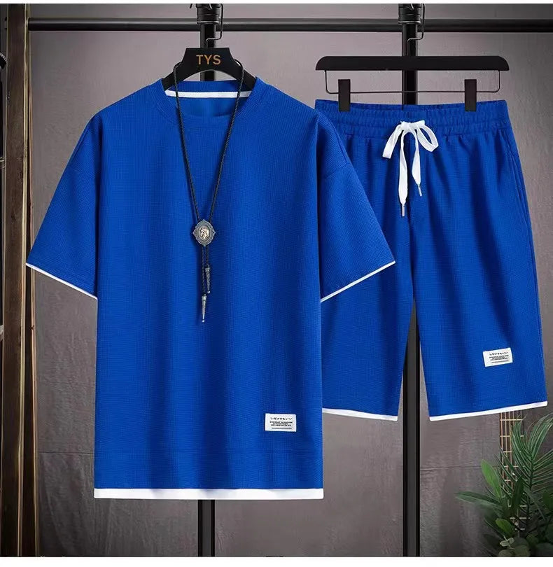 Summer hot new Waffle trend men's casual sports fashion men's short sleeve suit
