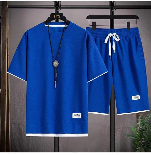 Summer hot new Waffle trend men's casual sports fashion men's short sleeve suit