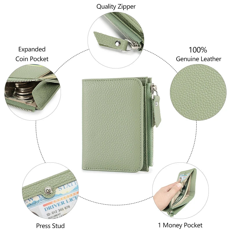 Genuine Leather Slim Short Wallet Credit Card Holder money clip wallet Zipper Coin pocket